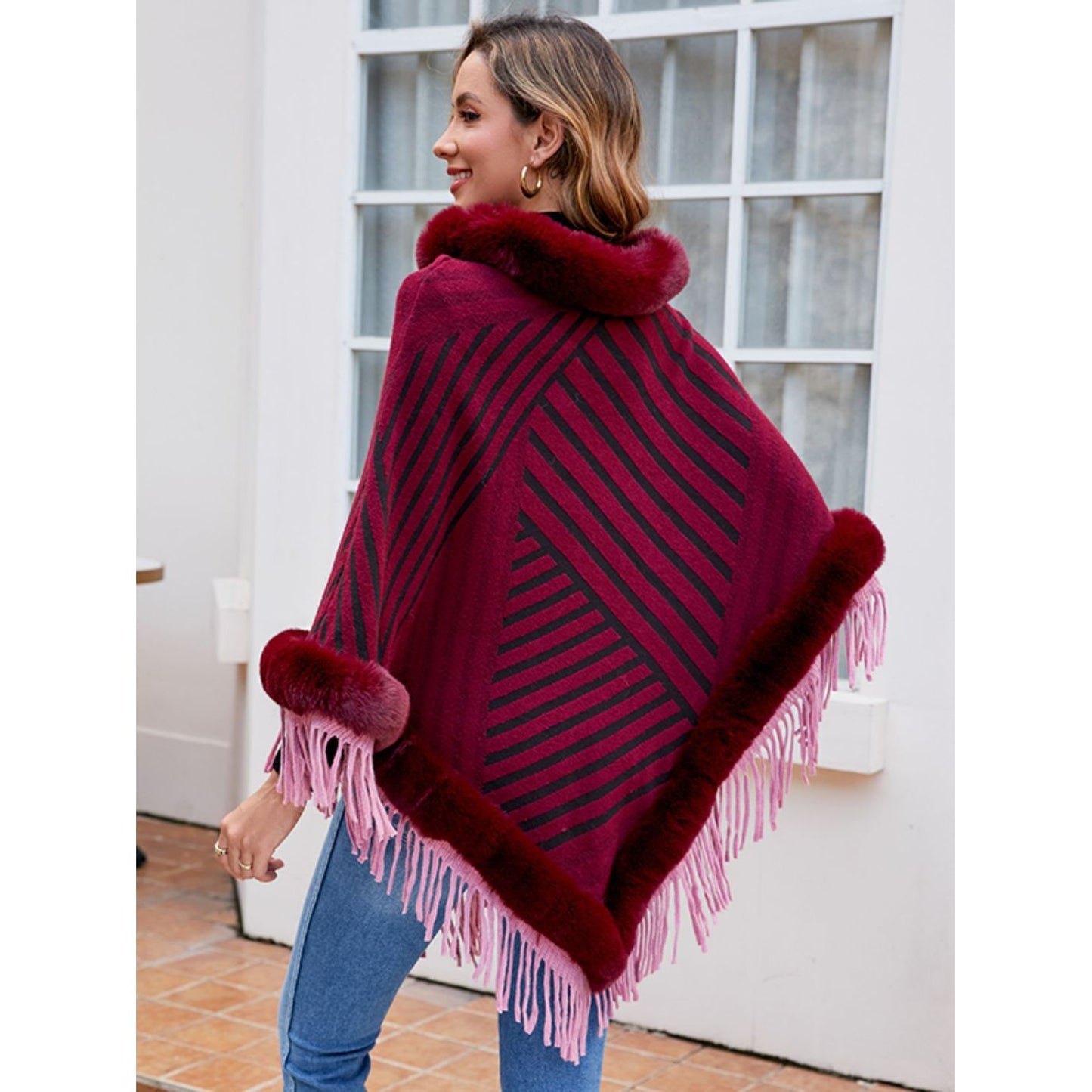 Striped Fringe Hem Poncho