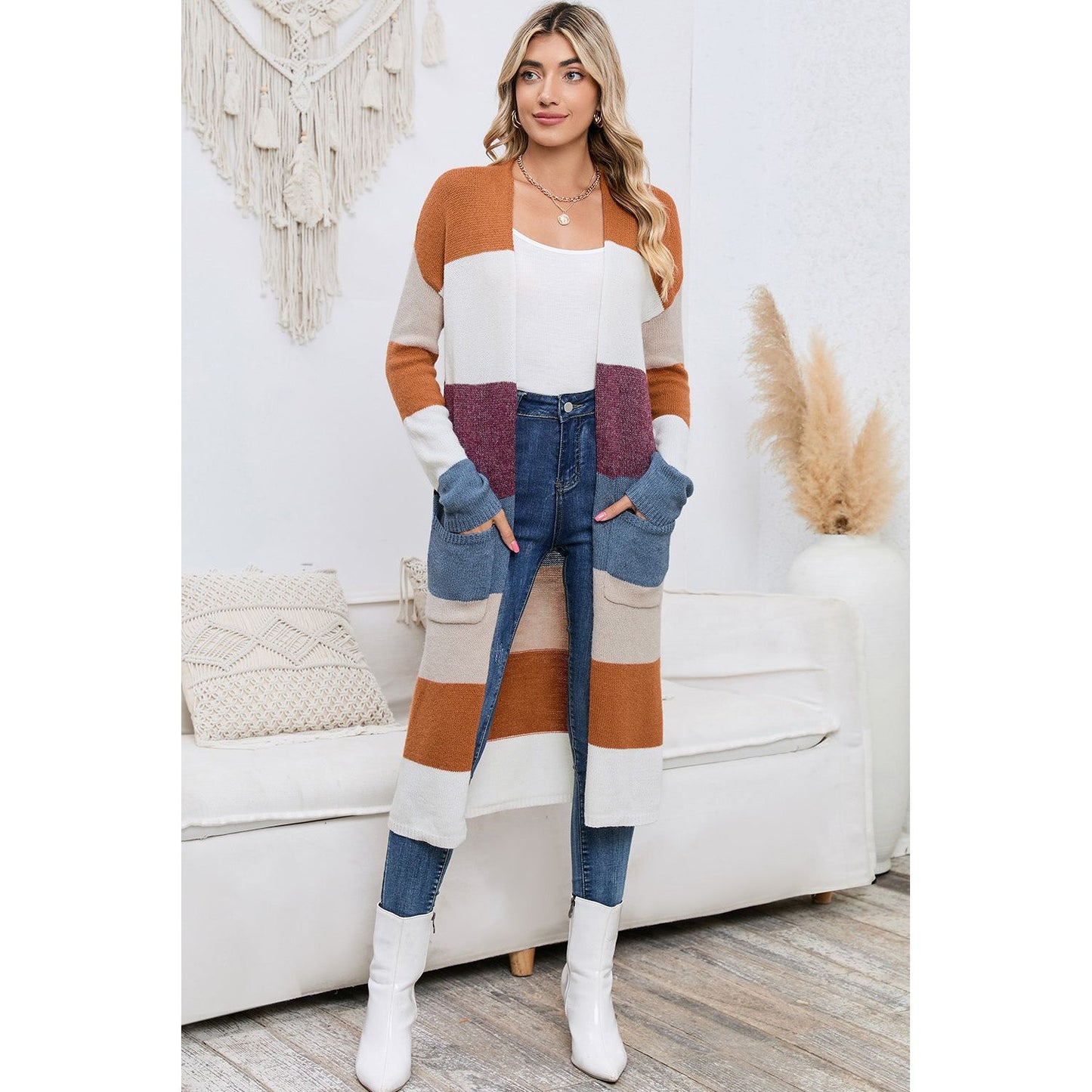 Long Color Block Open Front Pocketed Cardigan