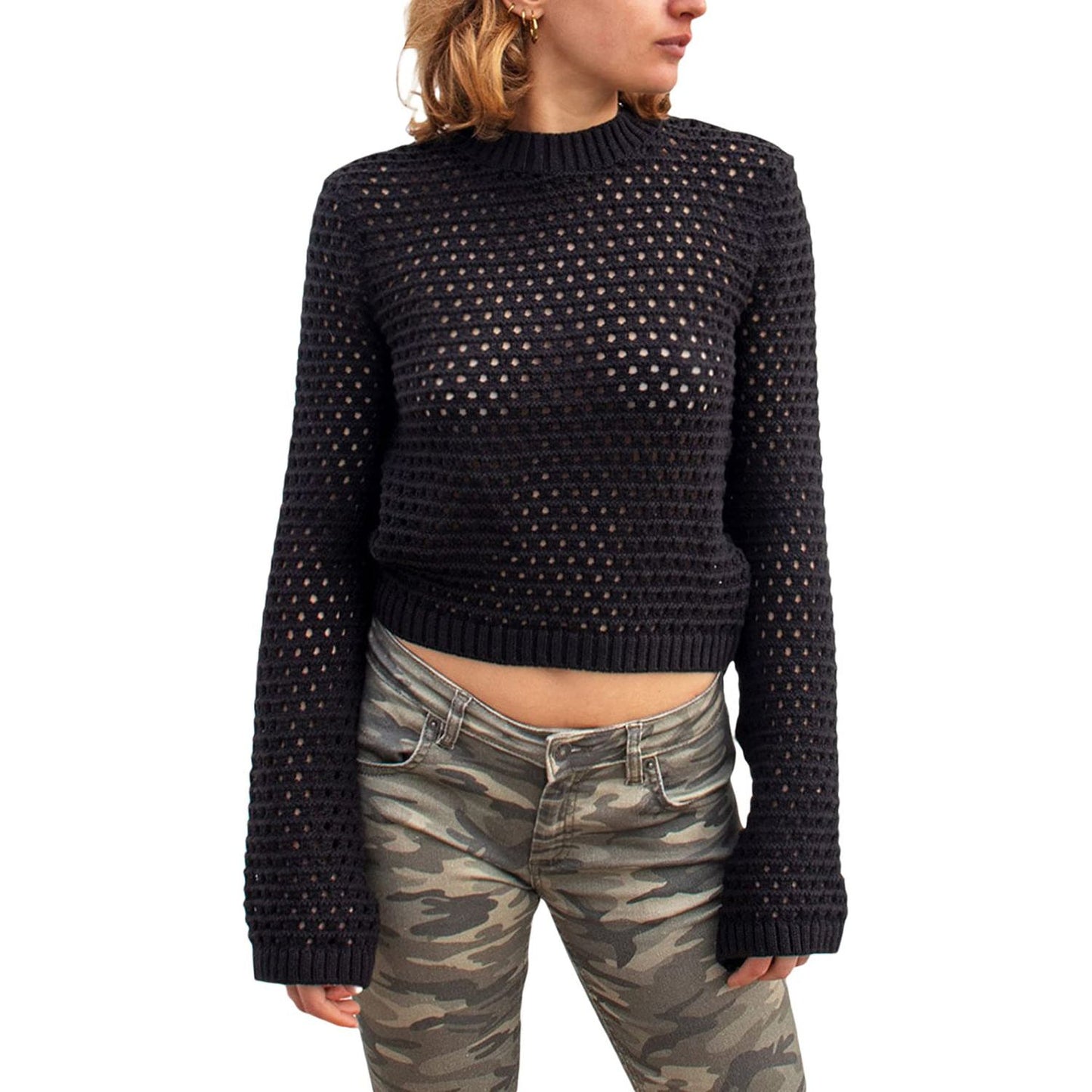 Openwork Round Neck Long Sleeve Knit Top