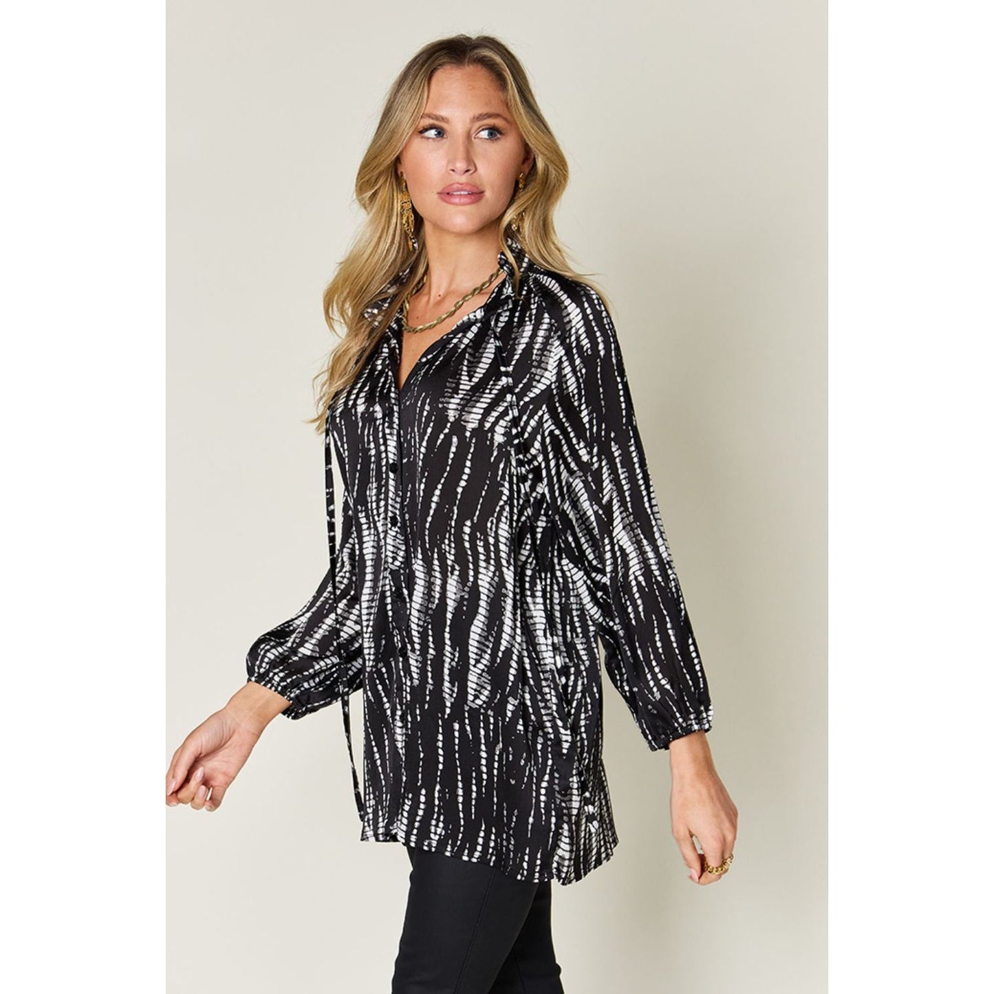 Double Take Full Size Printed Button Up Long Sleeve Shirt