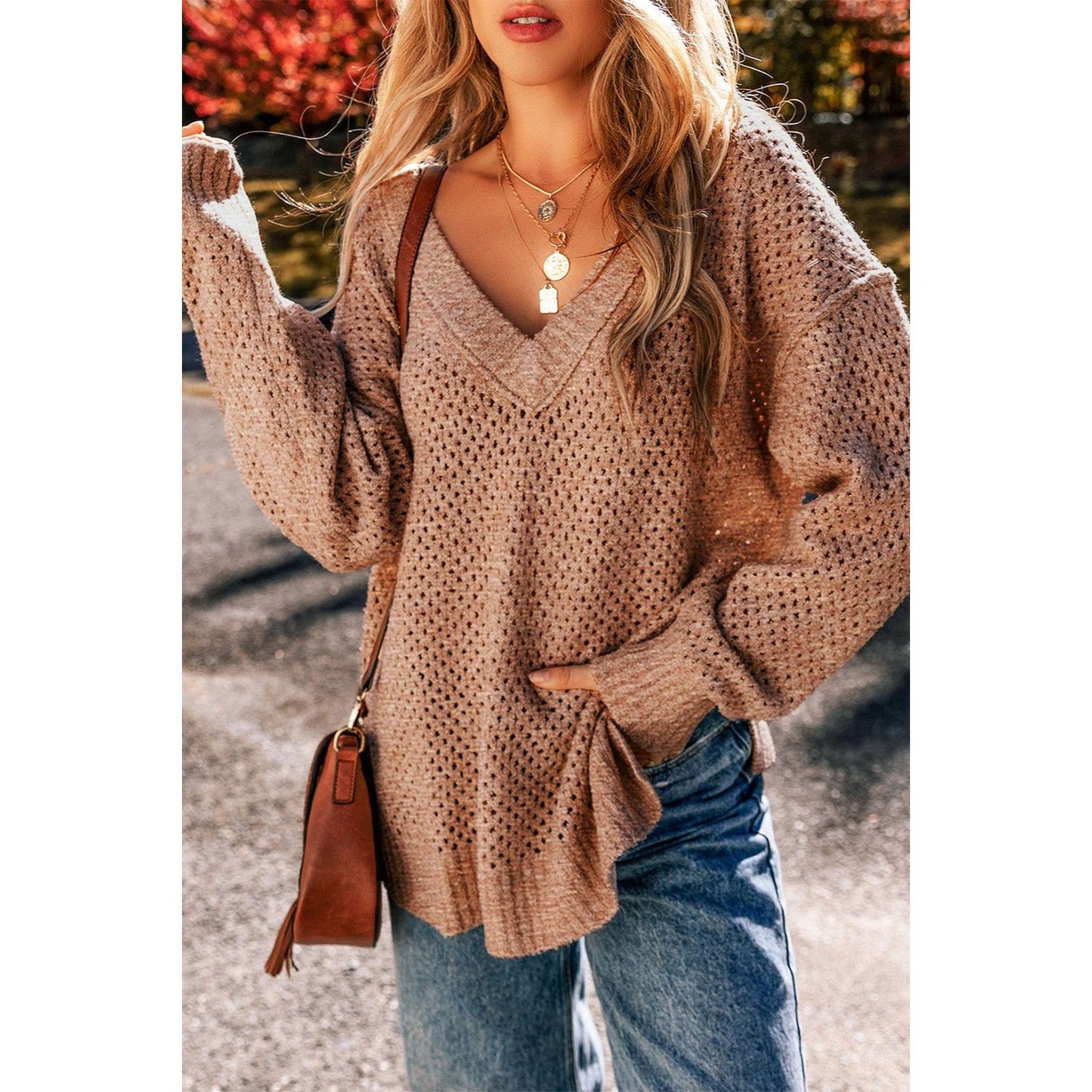 Openwork V-Neck Dropped Shoulder Sweater