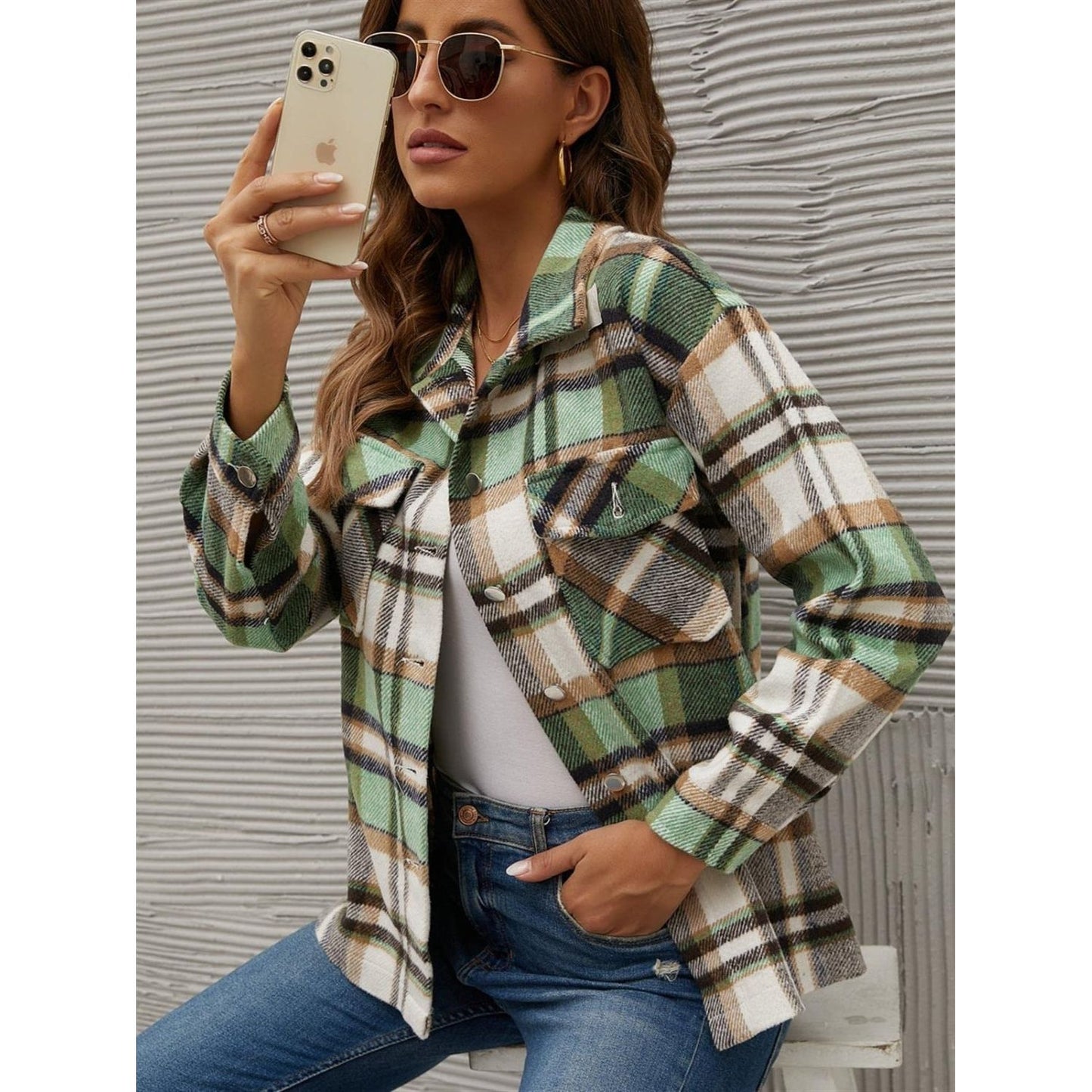 Plaid Collared Neck Long Sleeve Jacket