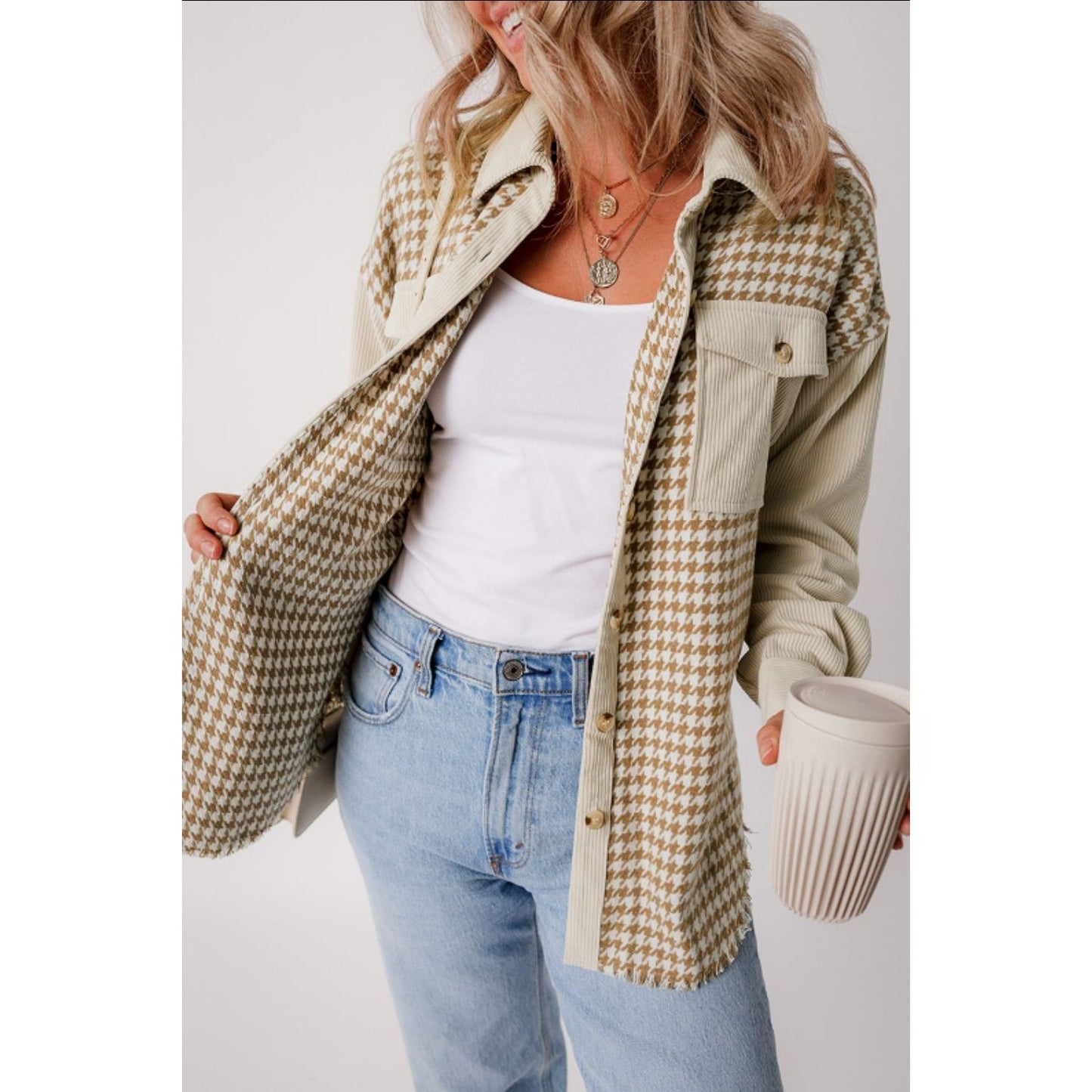 Houndstooth Button Up Long Sleeve Jacket