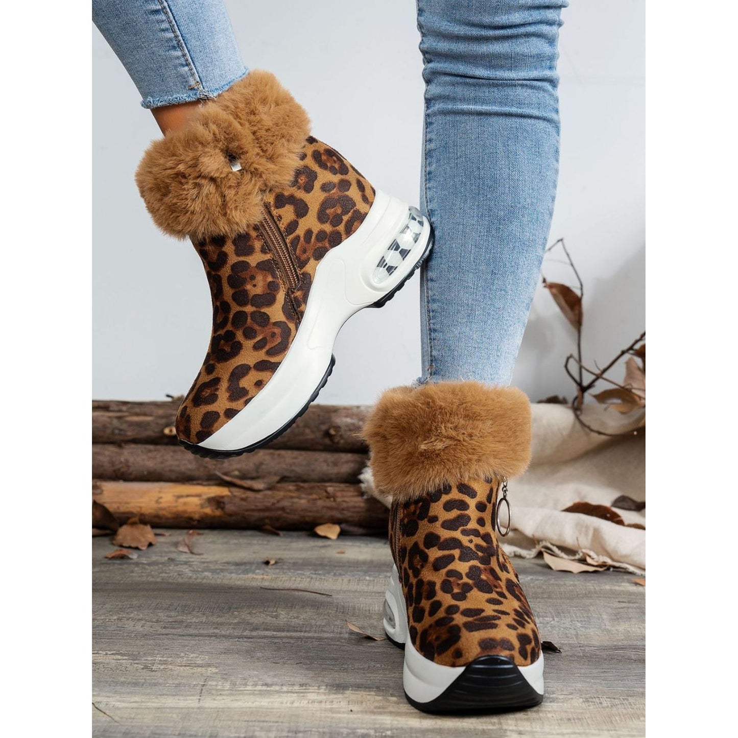 Side Zipper Leopard Platform Boots