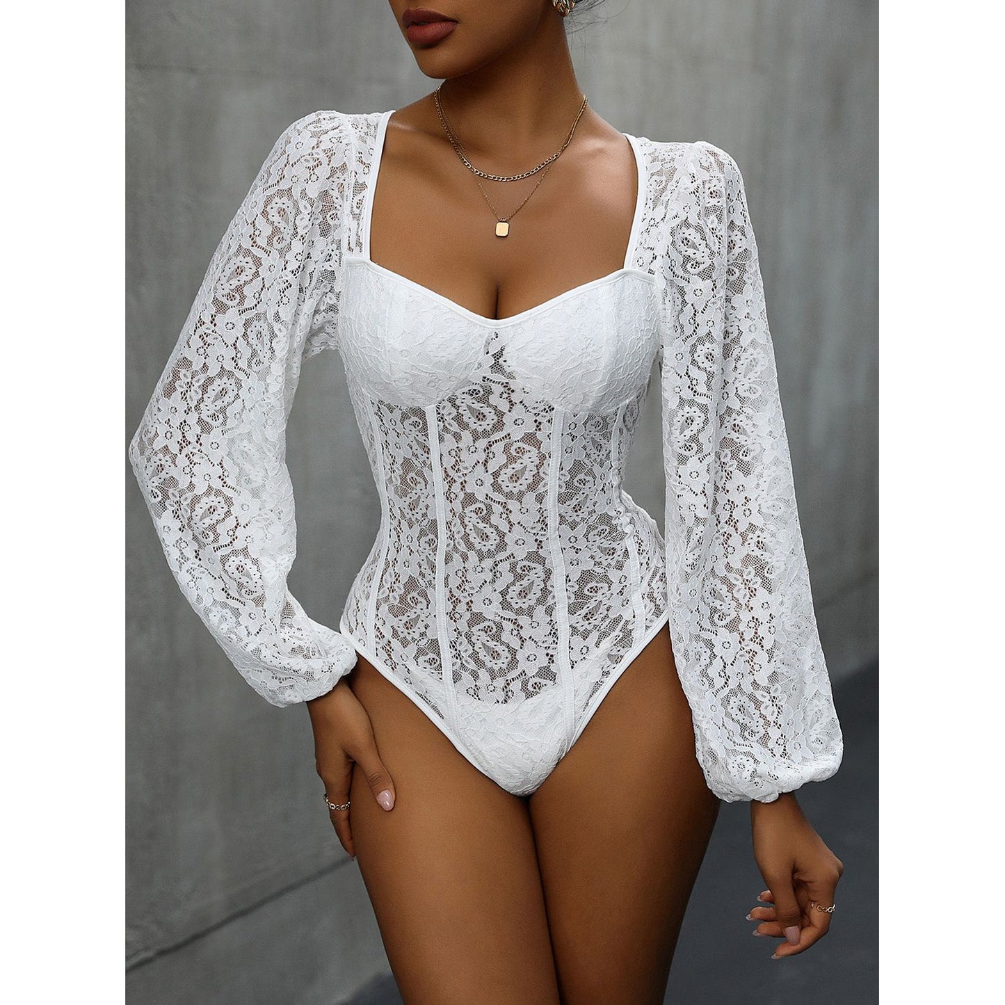 Perfee Backless Lace Long Sleeve Bodysuit