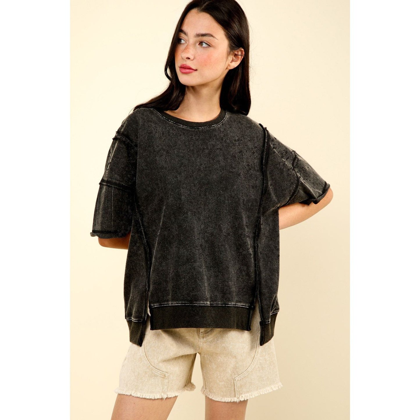 VERY J Round Neck Exposed Seam Slit T-Shirt