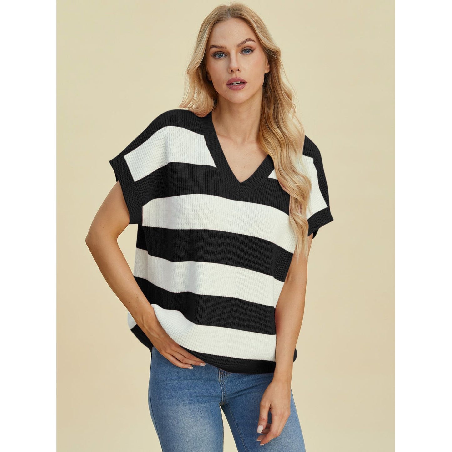 Double Take Full Size Striped V-Neck Short Sleeve Sweater