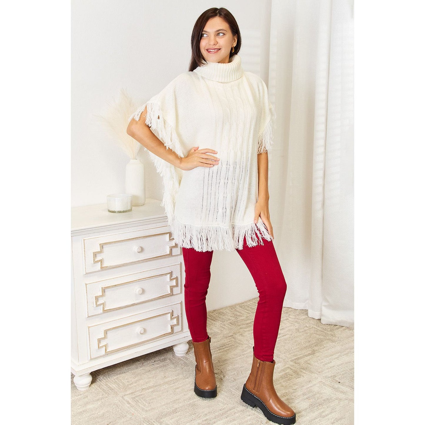 Justin Taylor Turtle Neck Fringe Poncho