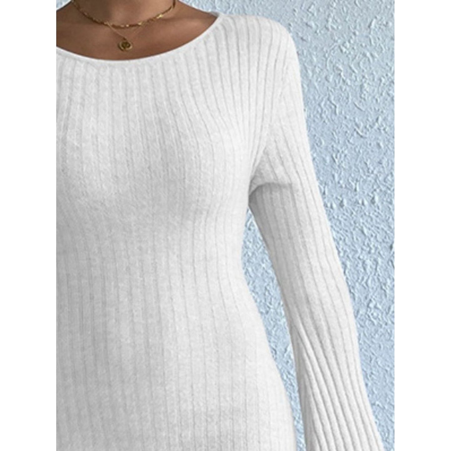 Backless Round Neck Long Sleeve Sweater Dress