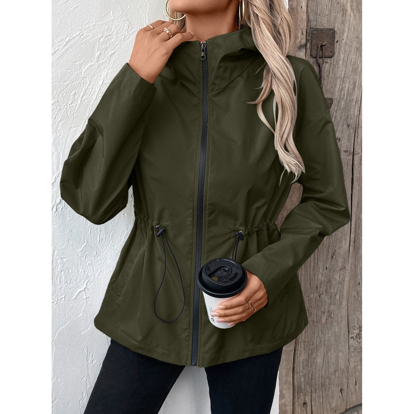 Drawstring Zip Up Hooded Jacket