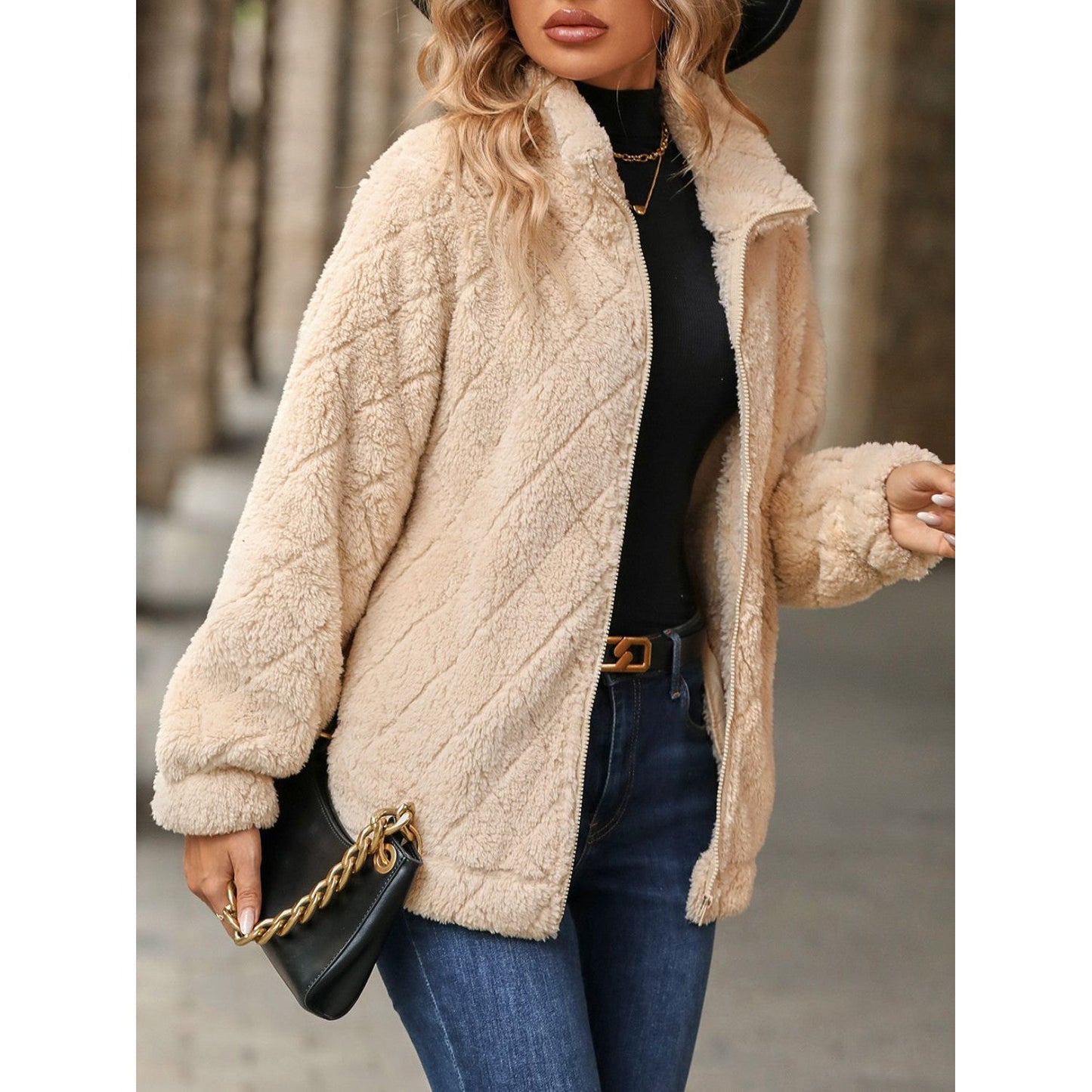 Fuzzy Pocketed Zip Up Jacket