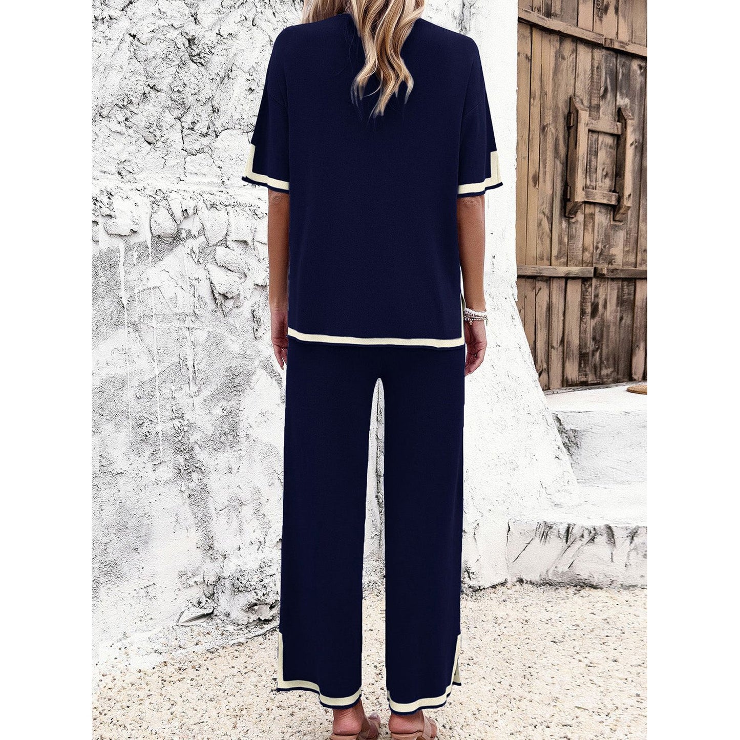 Contrast Trim Round Neck Top and Pants Set