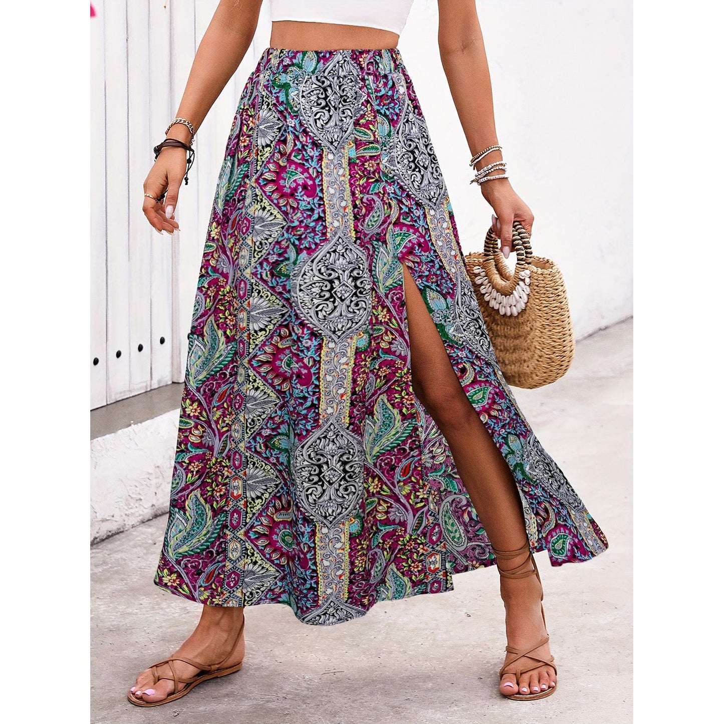 Slit Printed Elastic Waist Skirt