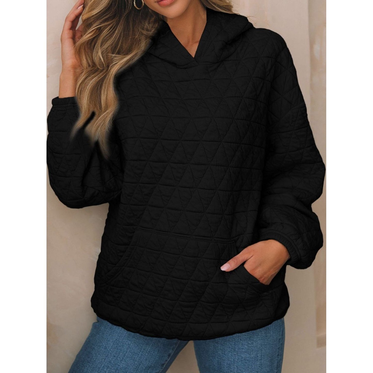 Textured Long Sleeve Hoodie with Pockets