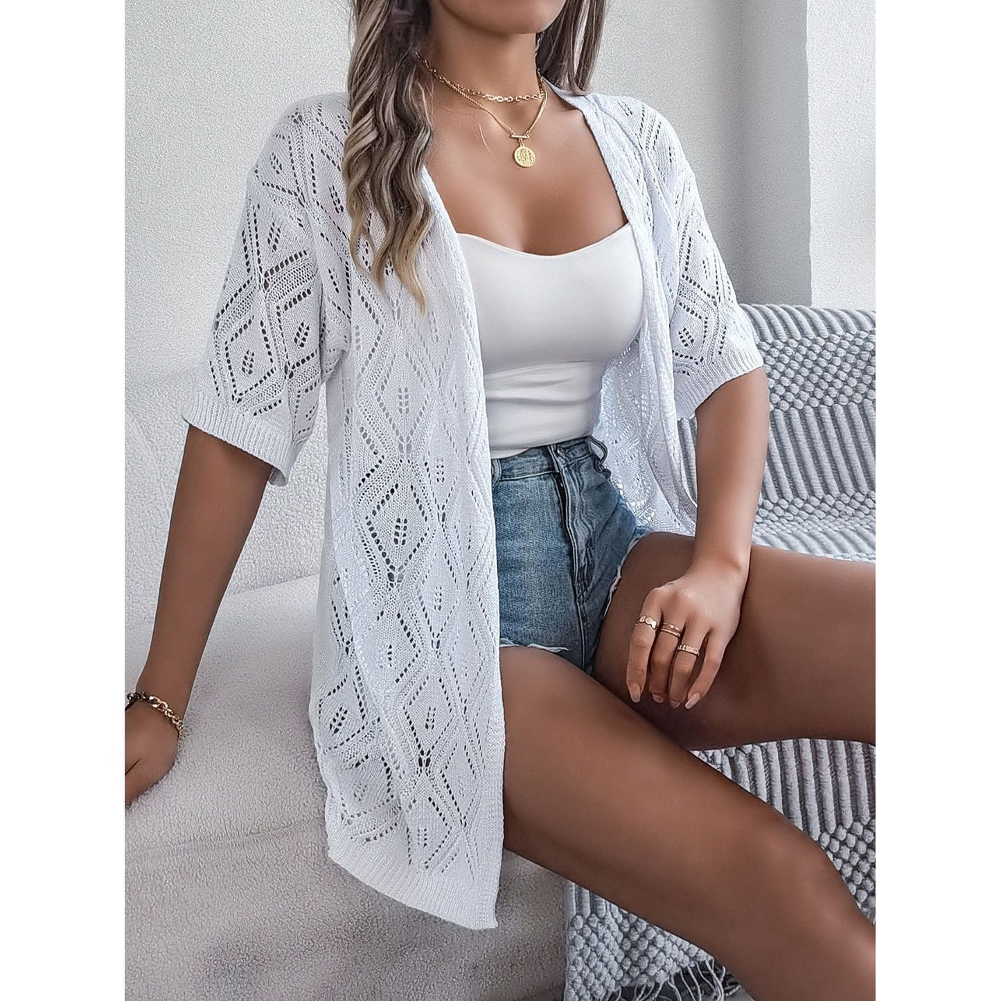 Openwork Open Front Half Sleeve Cardigan