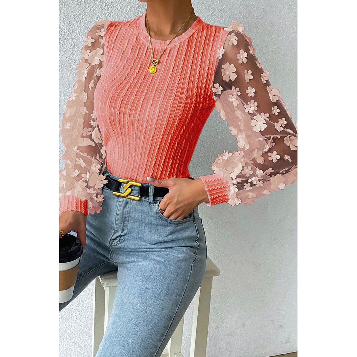 Double Take Textured Applique Long Sleeve Blouse