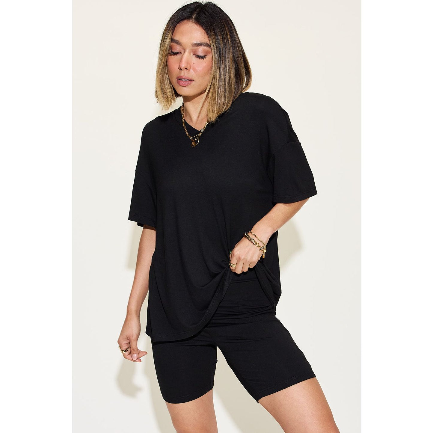 Basic Bae Full Size V-Neck Drop Shoulder T-Shirt and Shorts Set