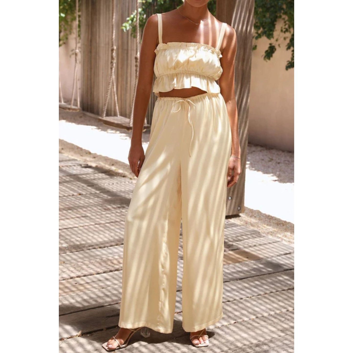 Ruffled Sleeveless Top and Wide Leg Pants Set