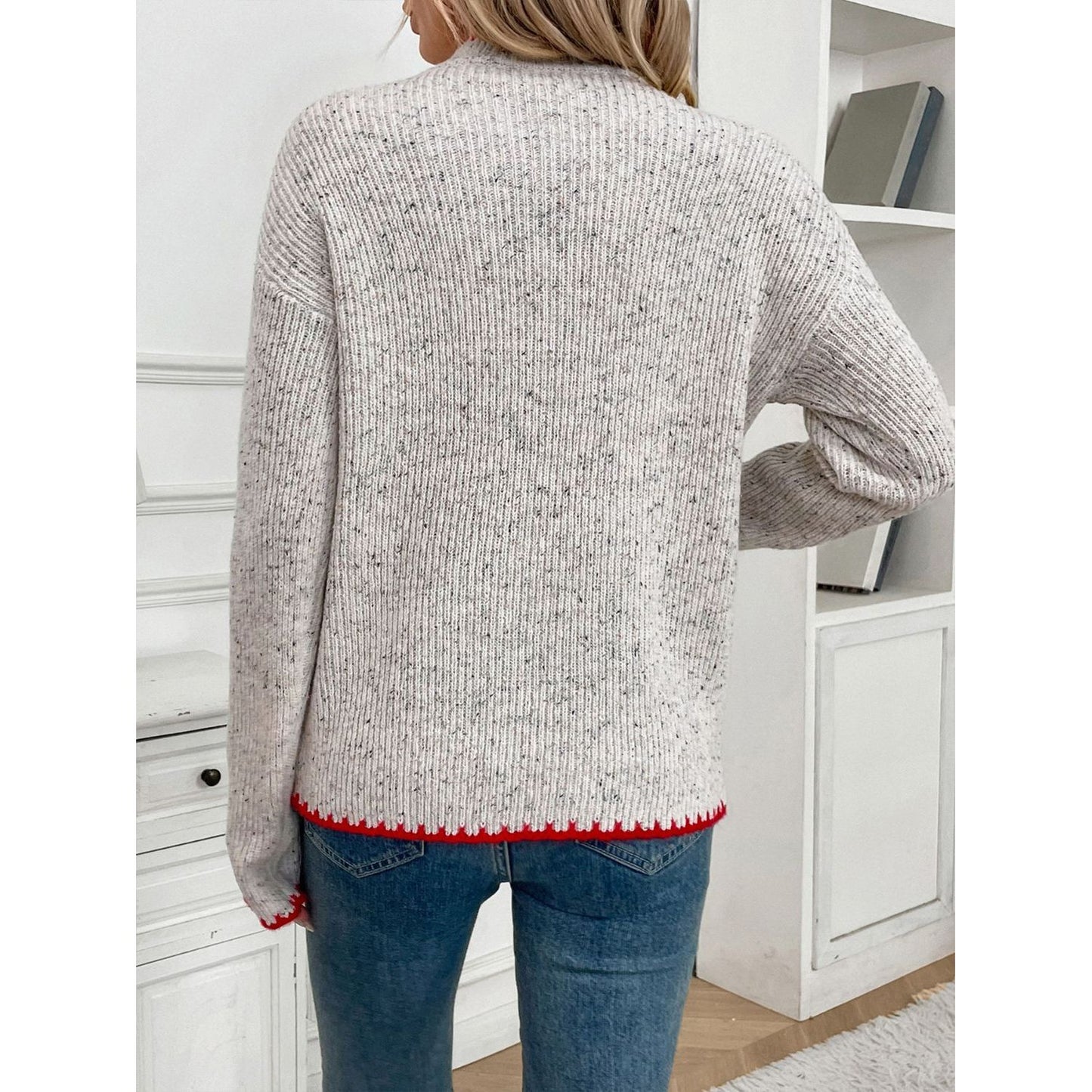 Perfee Contrast Heart Round Neck Long Sleeve Sweater