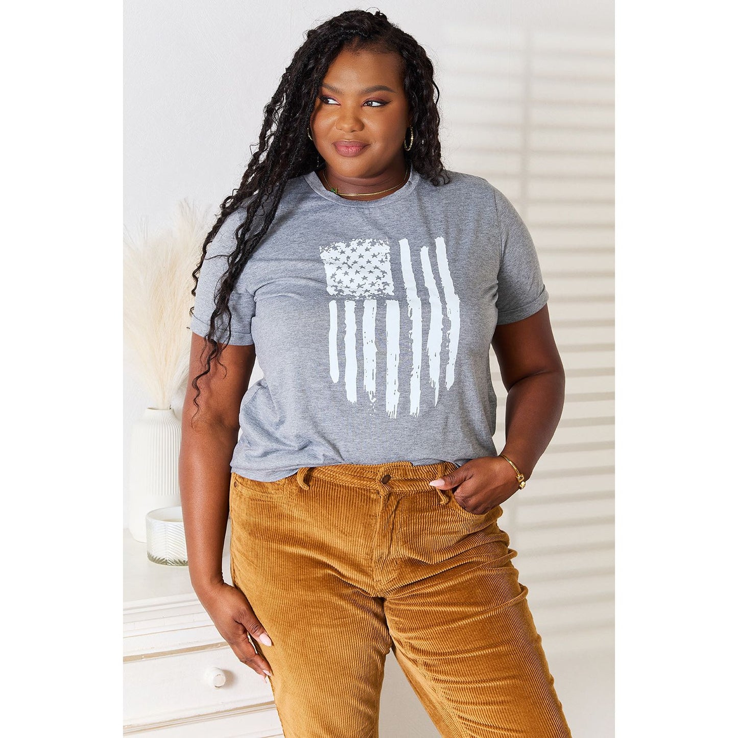 Simply Love US Flag Graphic Cuffed Sleeve T-Shirt