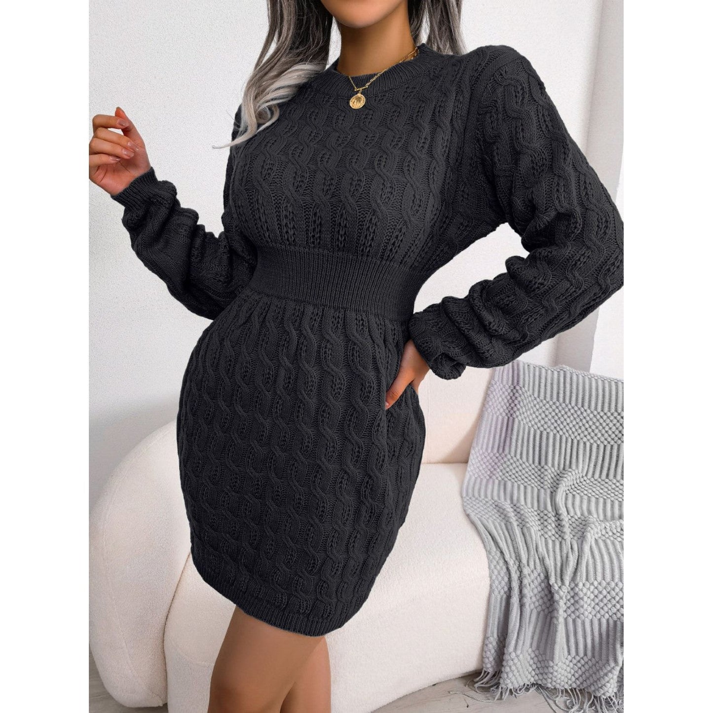 Cable-Knit Round Neck Mini Wrap Sweater Dress