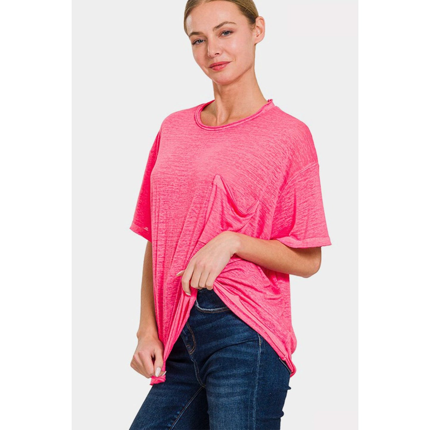 Zenana Pocketed Round Neck Dropped Shoulder T-Shirt