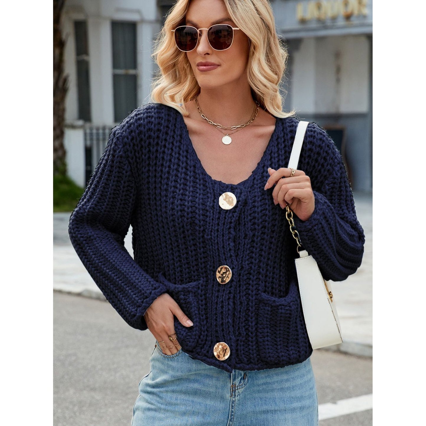 Round Neck Button Up Cardigan with Pockets