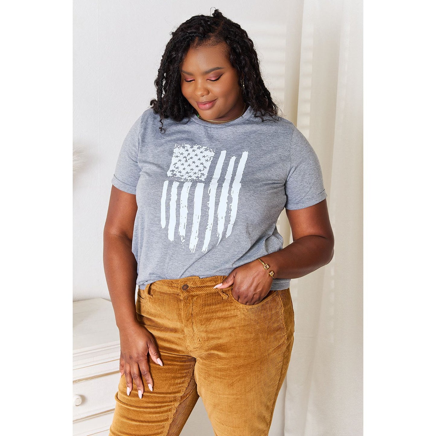 Simply Love US Flag Graphic Cuffed Sleeve T-Shirt