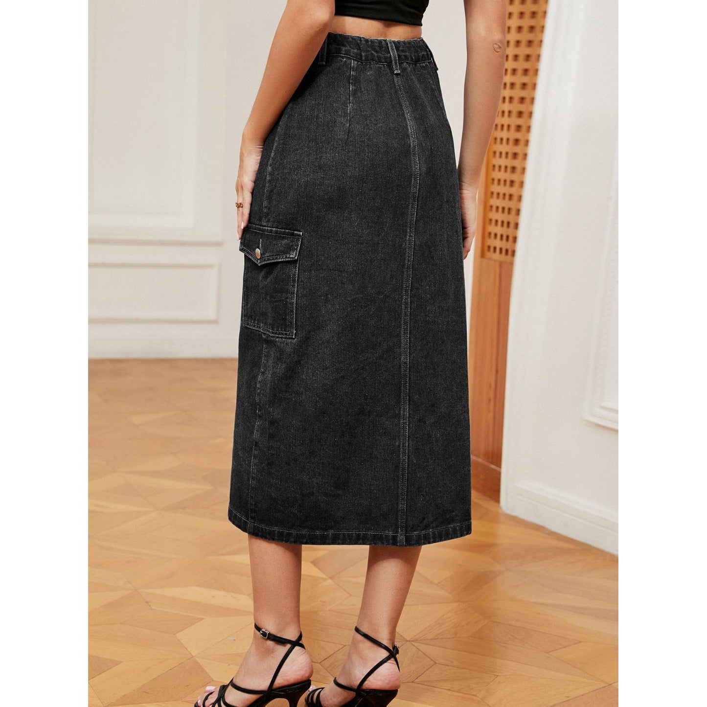 Button Down Midi Denim Skirt