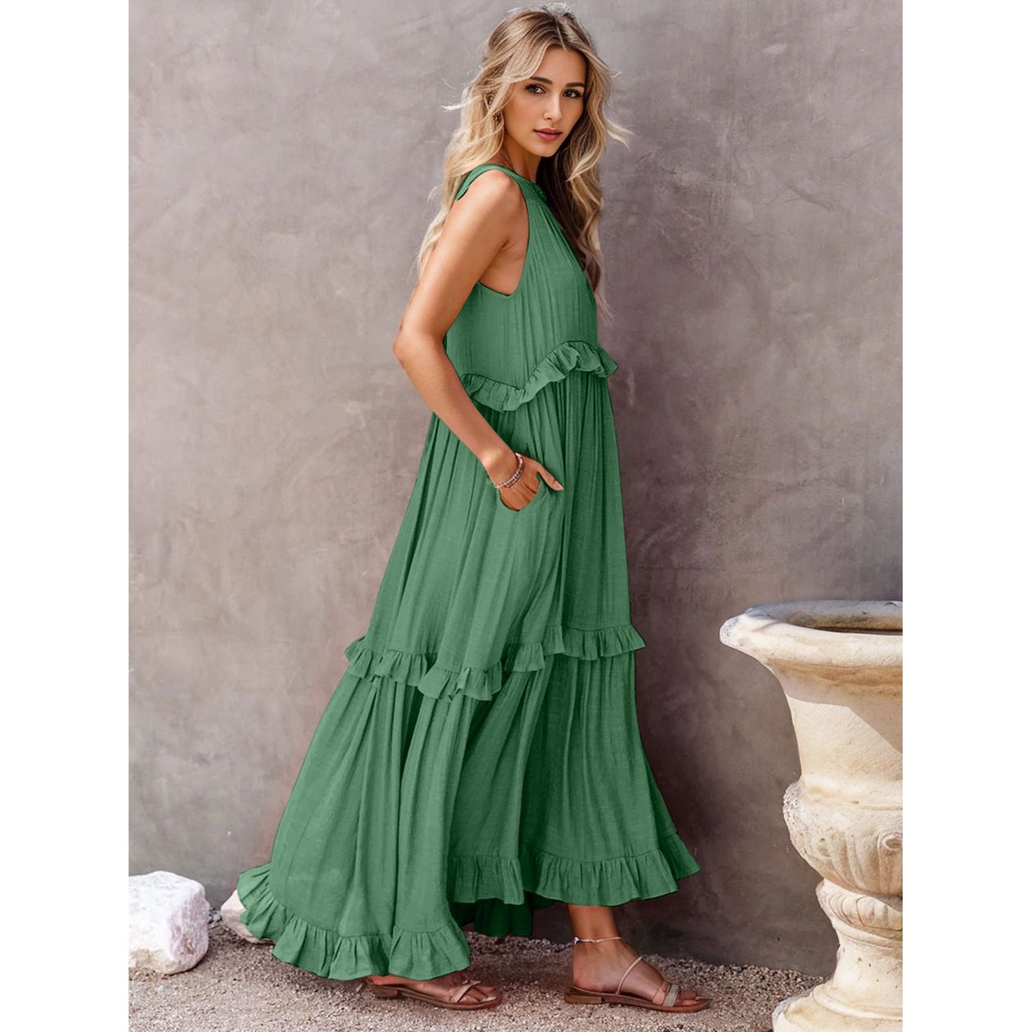 Ruffled Sleeveless Tiered Maxi Dress with Pockets