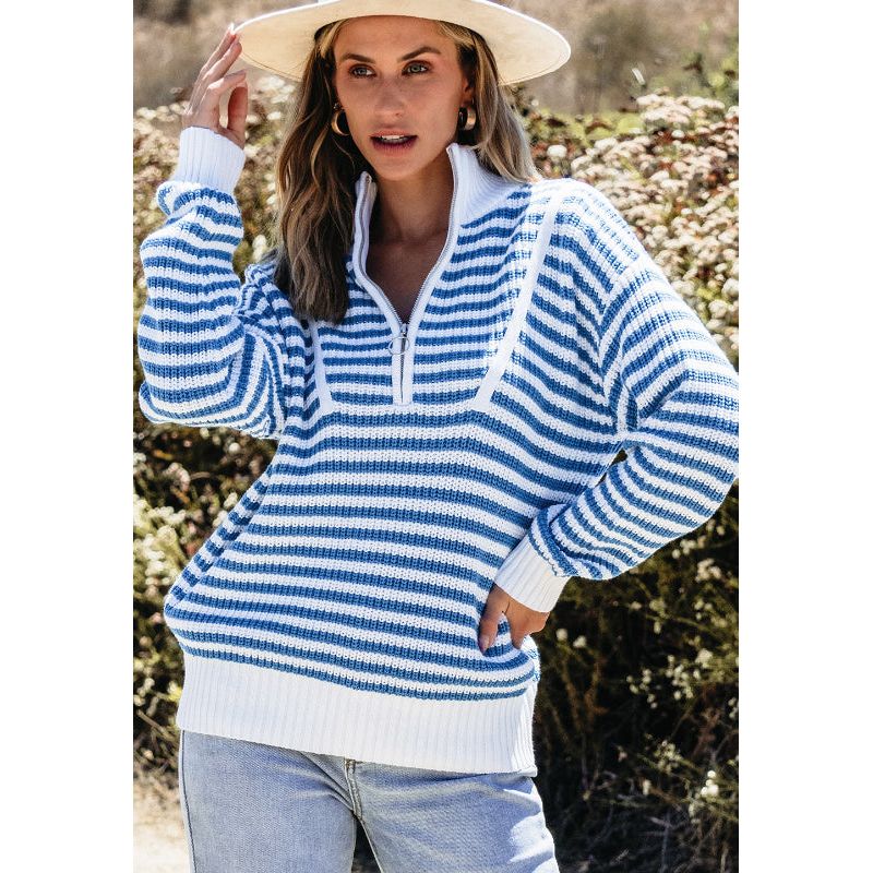 Striped Half Zip Mock Neck Long Sleeve Sweater