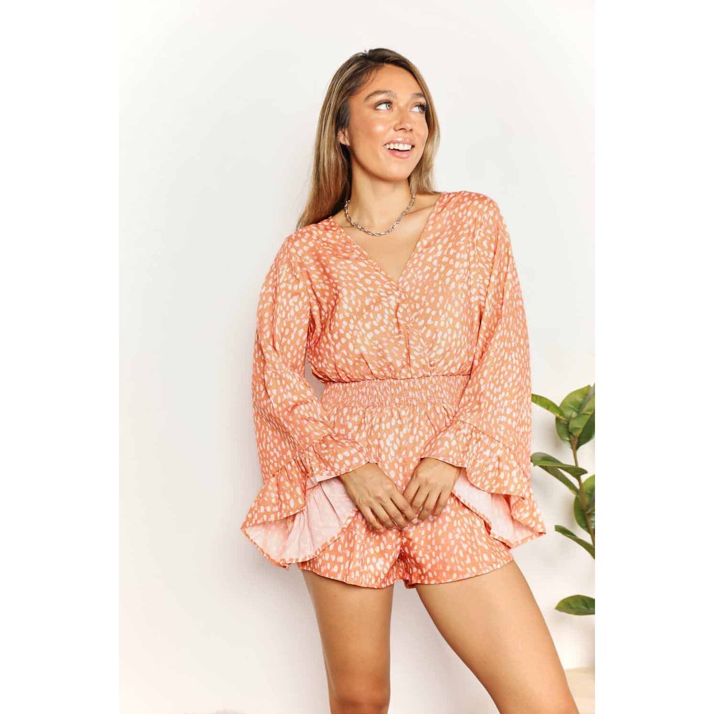 Double Take Printed Flare Sleeve Surplice Romper