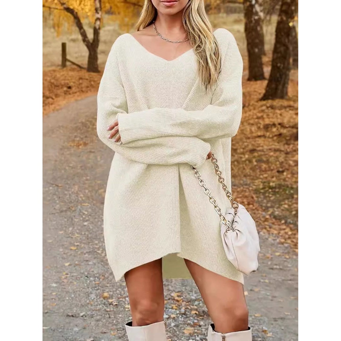 V-Neck Dropped Shoulder Sweater Dress