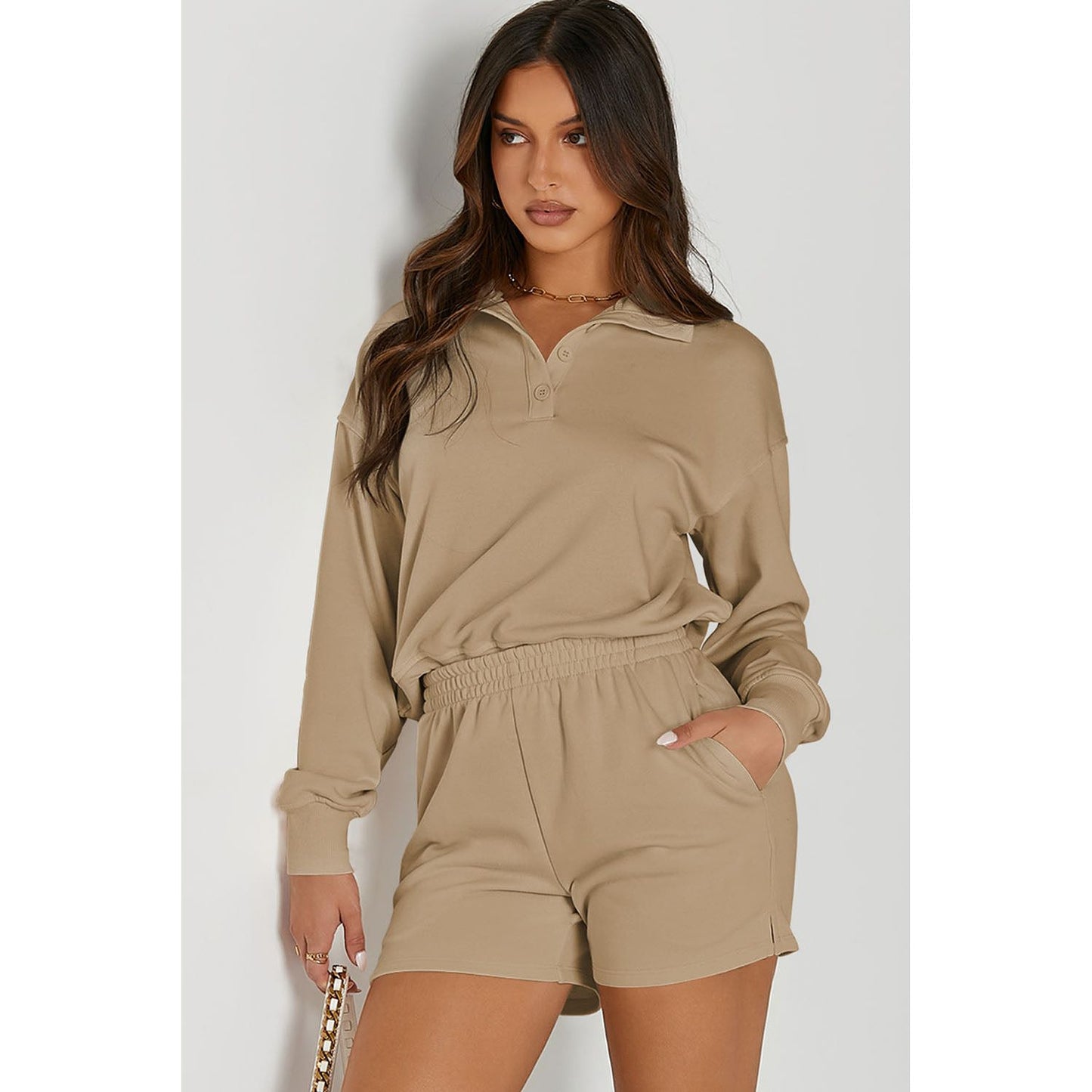 Half Button Sweatshirt and Shorts Active Set