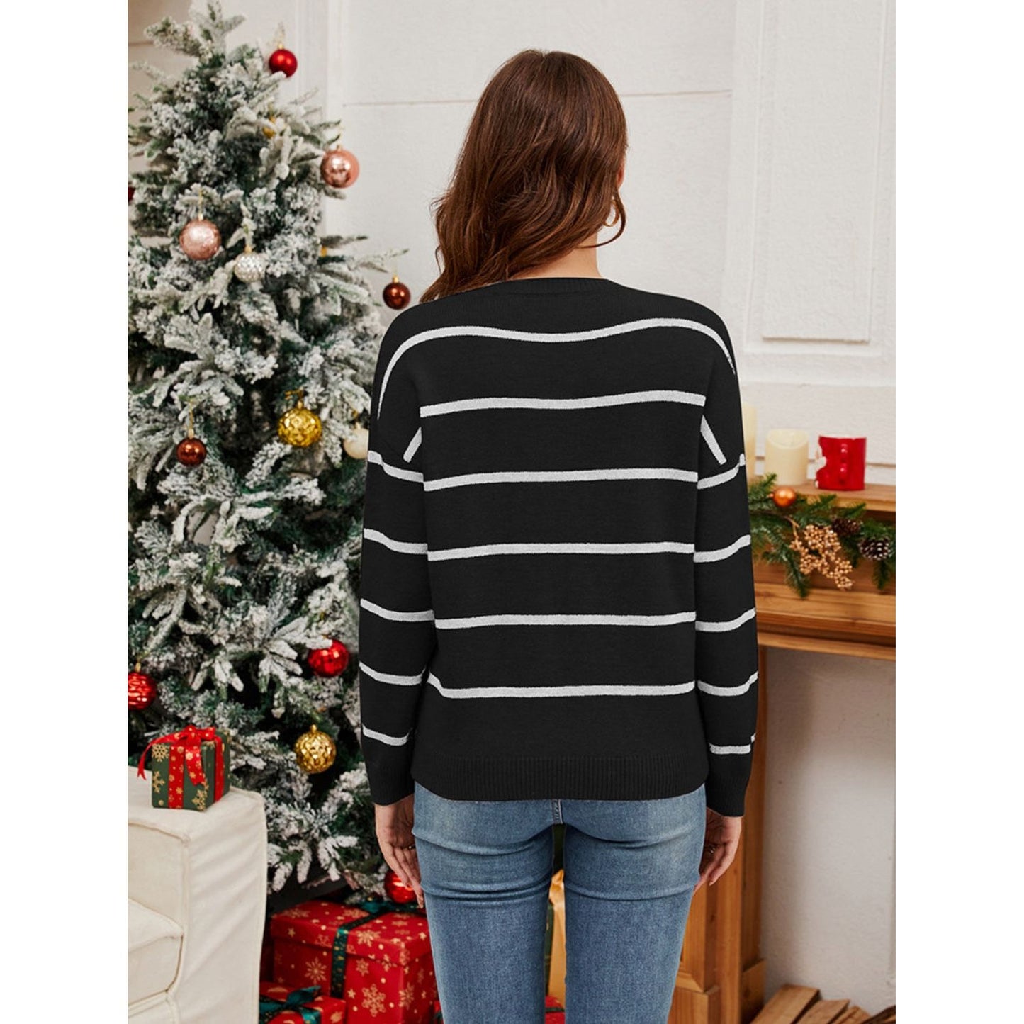 Sequin Santa Striped Round Neck Long Sleeve Sweater