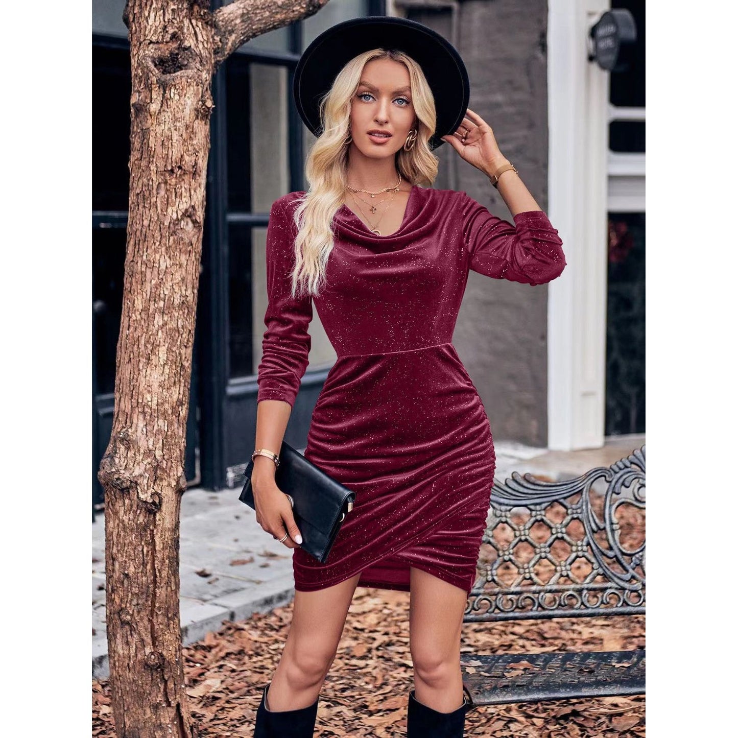 Glitter Ruched Cowl Neck Wrap Dress