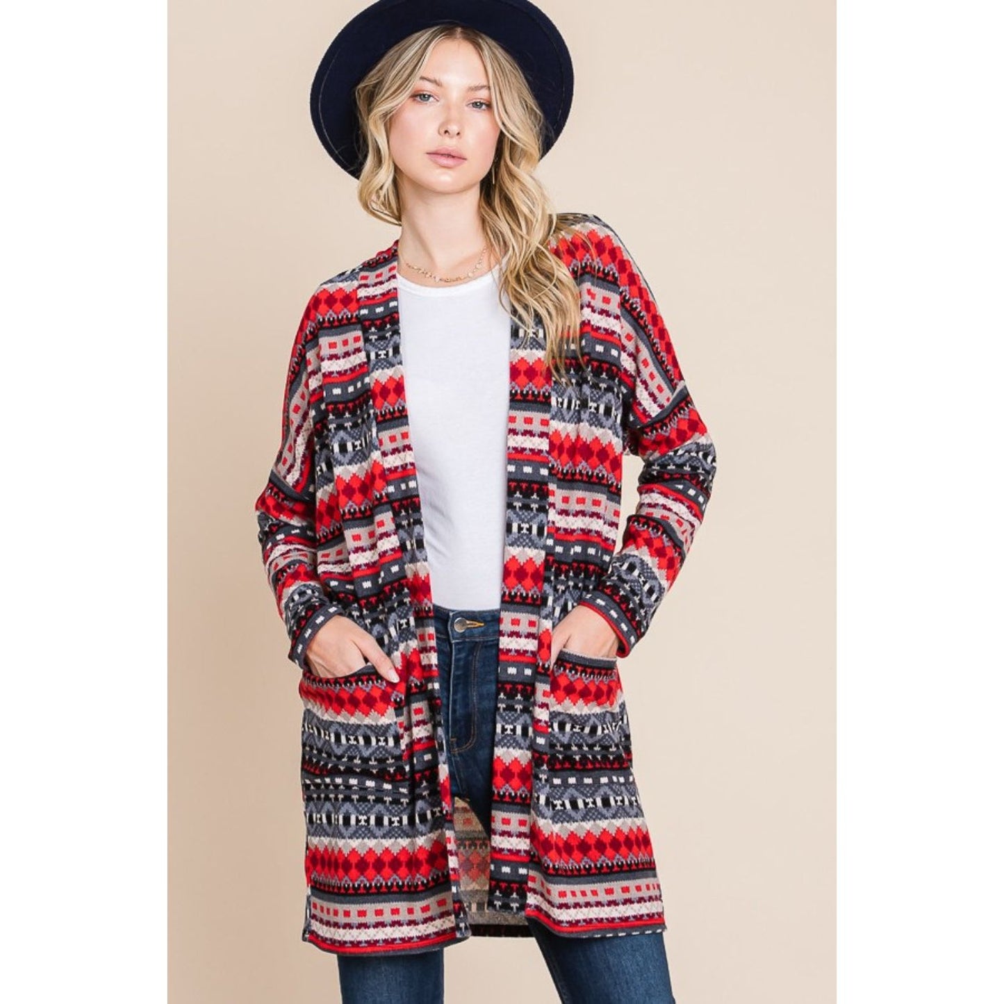 BOMBOM Geometric Open Front Long Sleeve Cardigan with Pockets