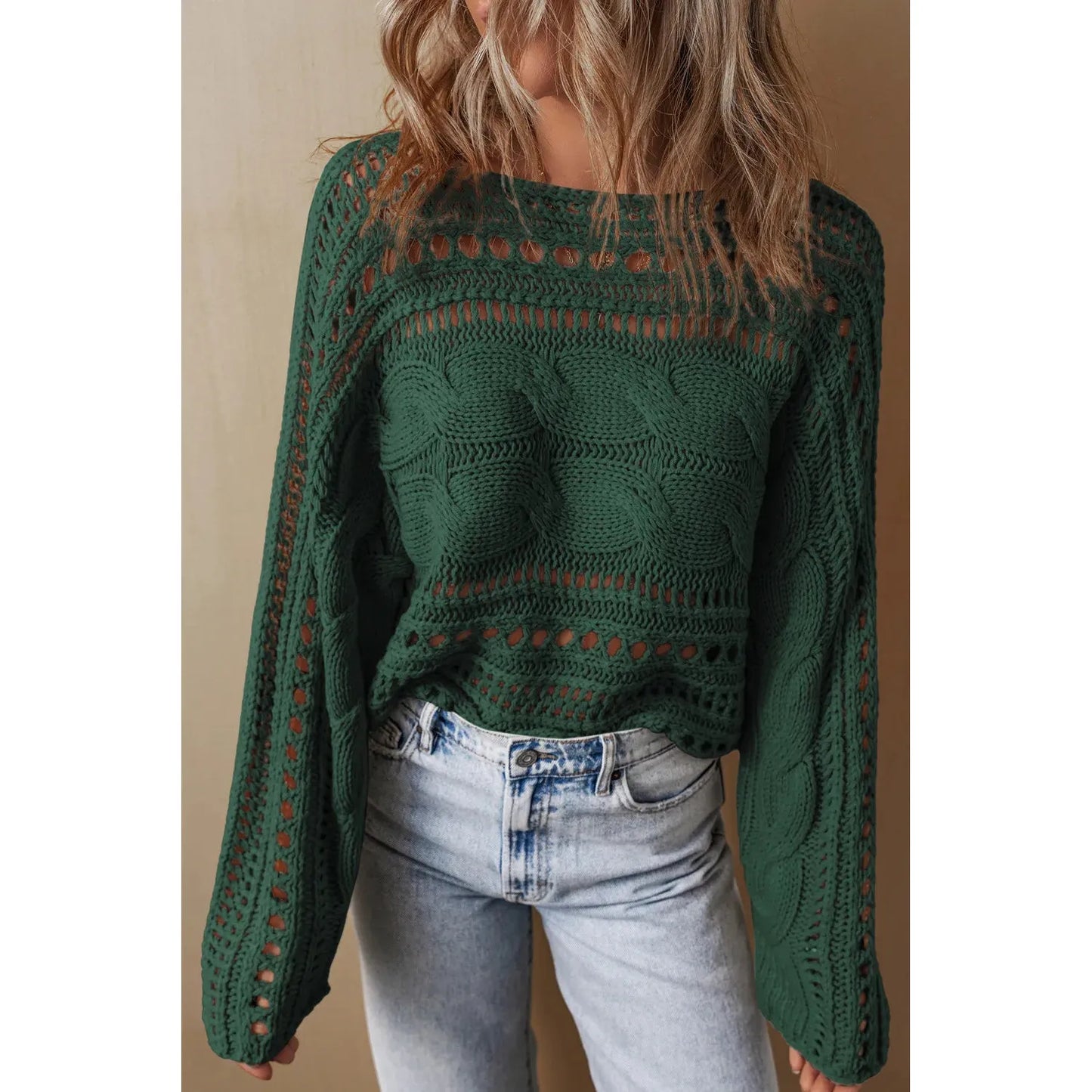 Cable-Knit Openwork Long Sleeve Sweater