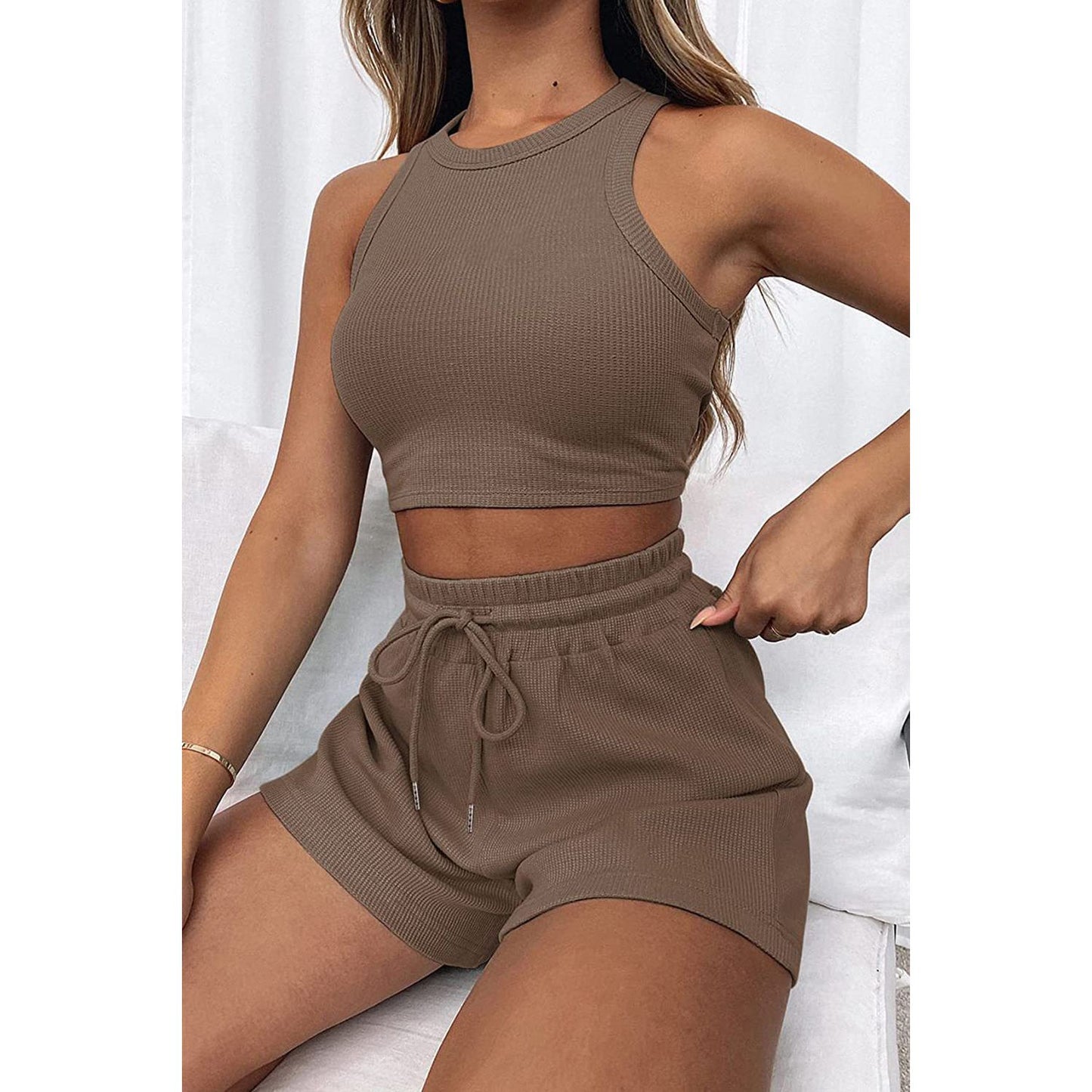 Round Neck Top and Drawstring Shorts Set