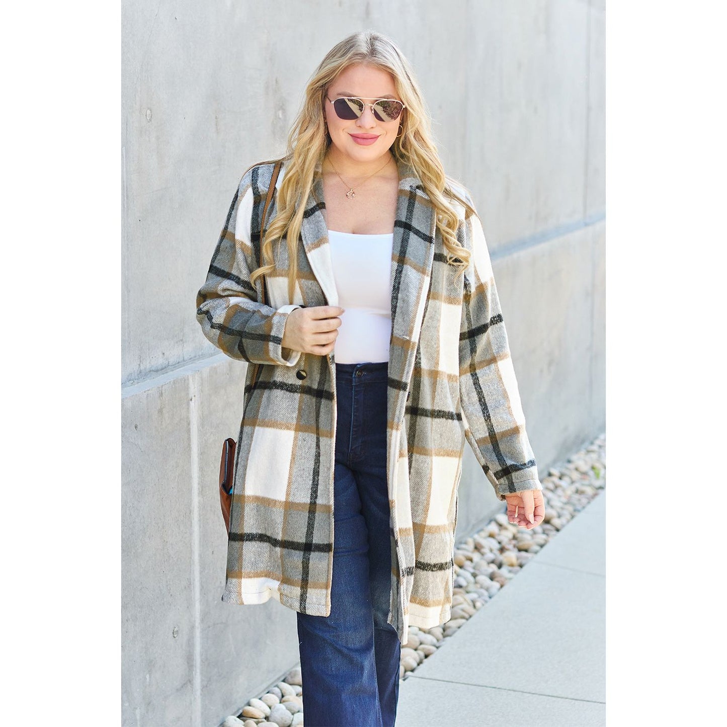 Double Take Full Size Plaid Button Up Lapel Collar Coat