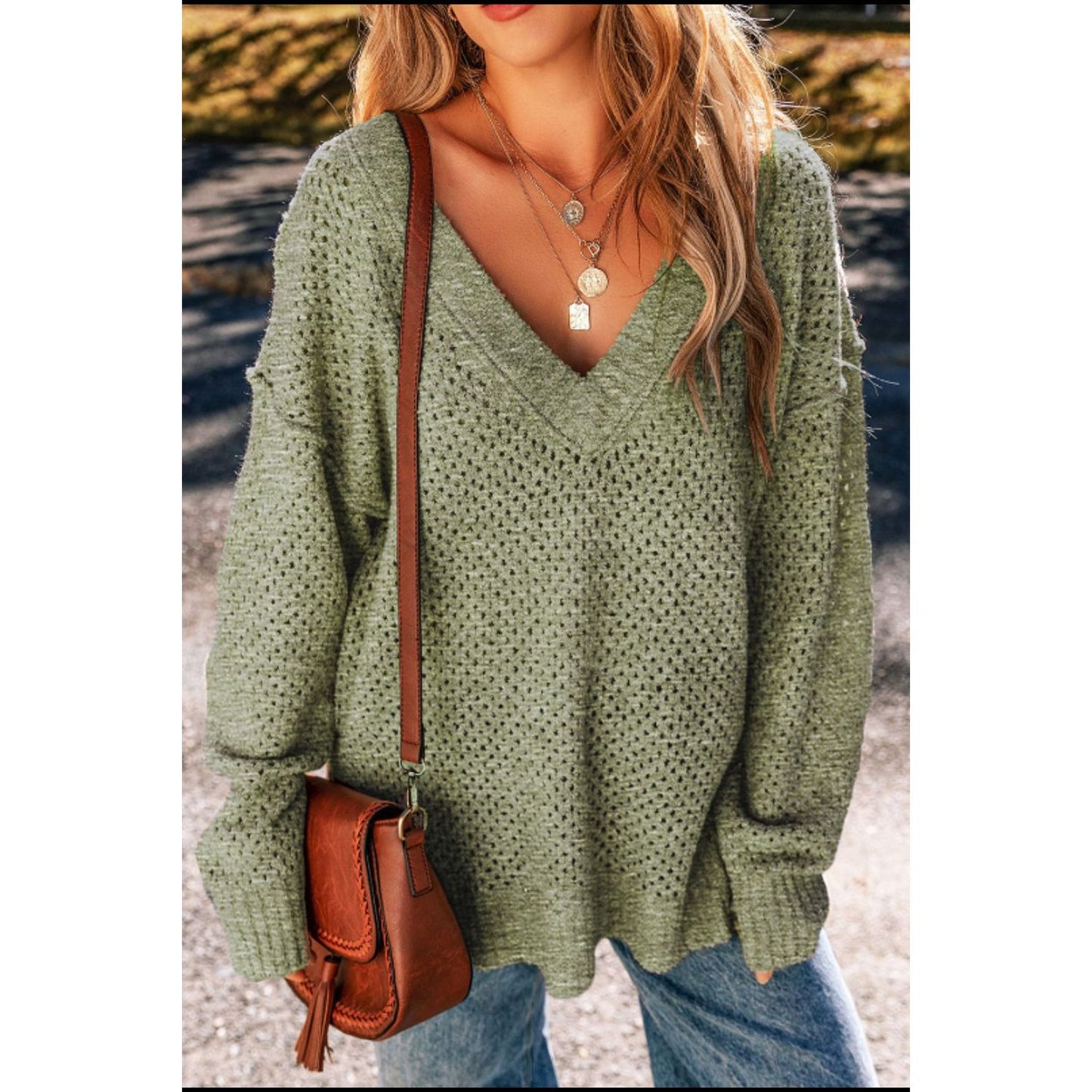 V-Neck Dropped Shoulder Long Sleeve Sweater