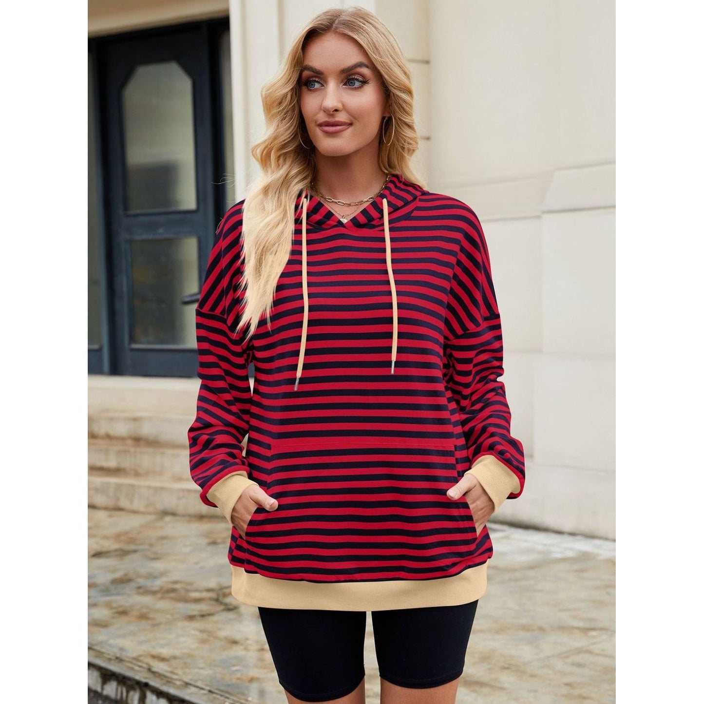 Drawstring Contrast Striped Long Sleeve Hoodie