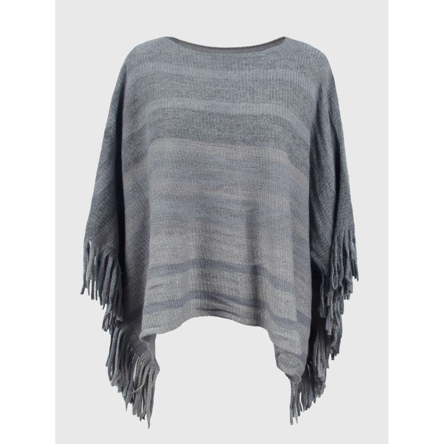 Striped Boat Neck Poncho with Fringes