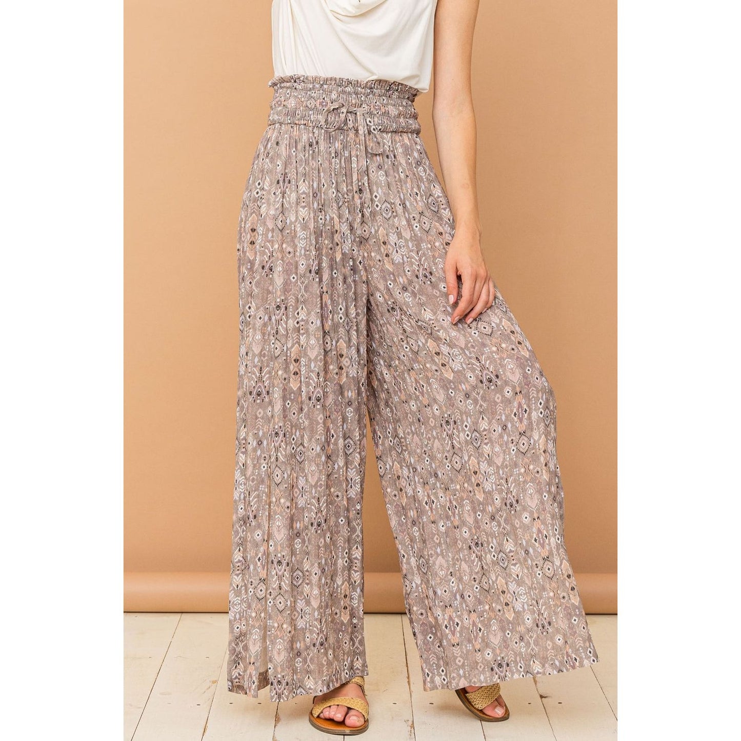 And The Why Printed Smocked Waist Slit Wide Leg Pants