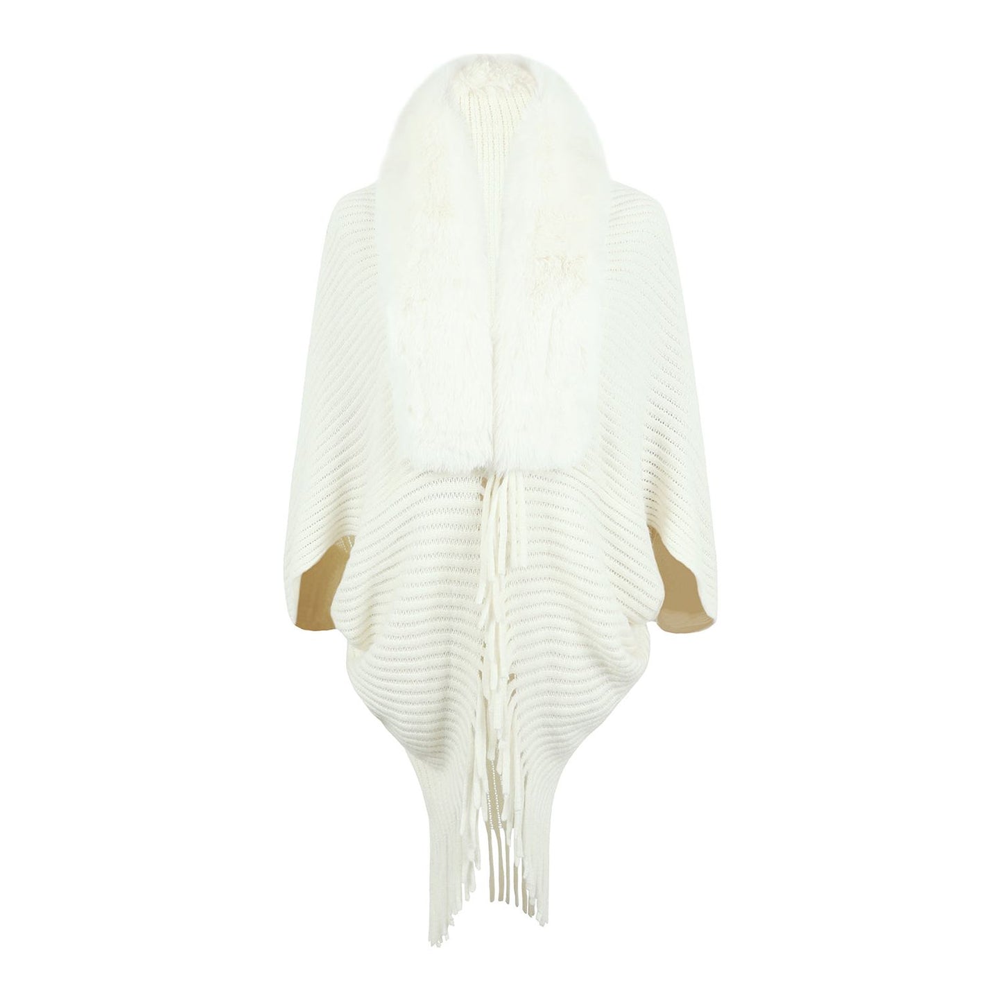 Fringe Detail Long Sleeve Ribbed Poncho