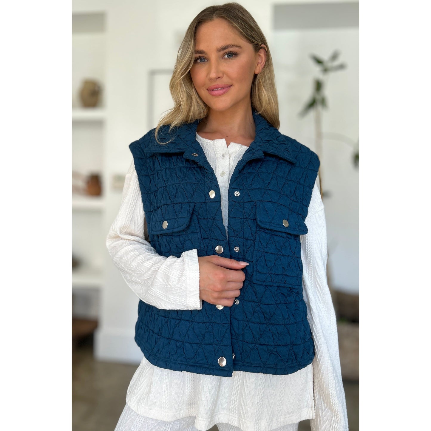 Double Take Full Size Pocketed Texture Snap Down Vest Coat