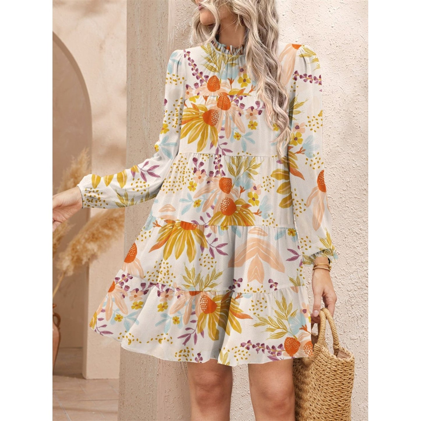 Tiered Printed Long Sleeve Mini Dress