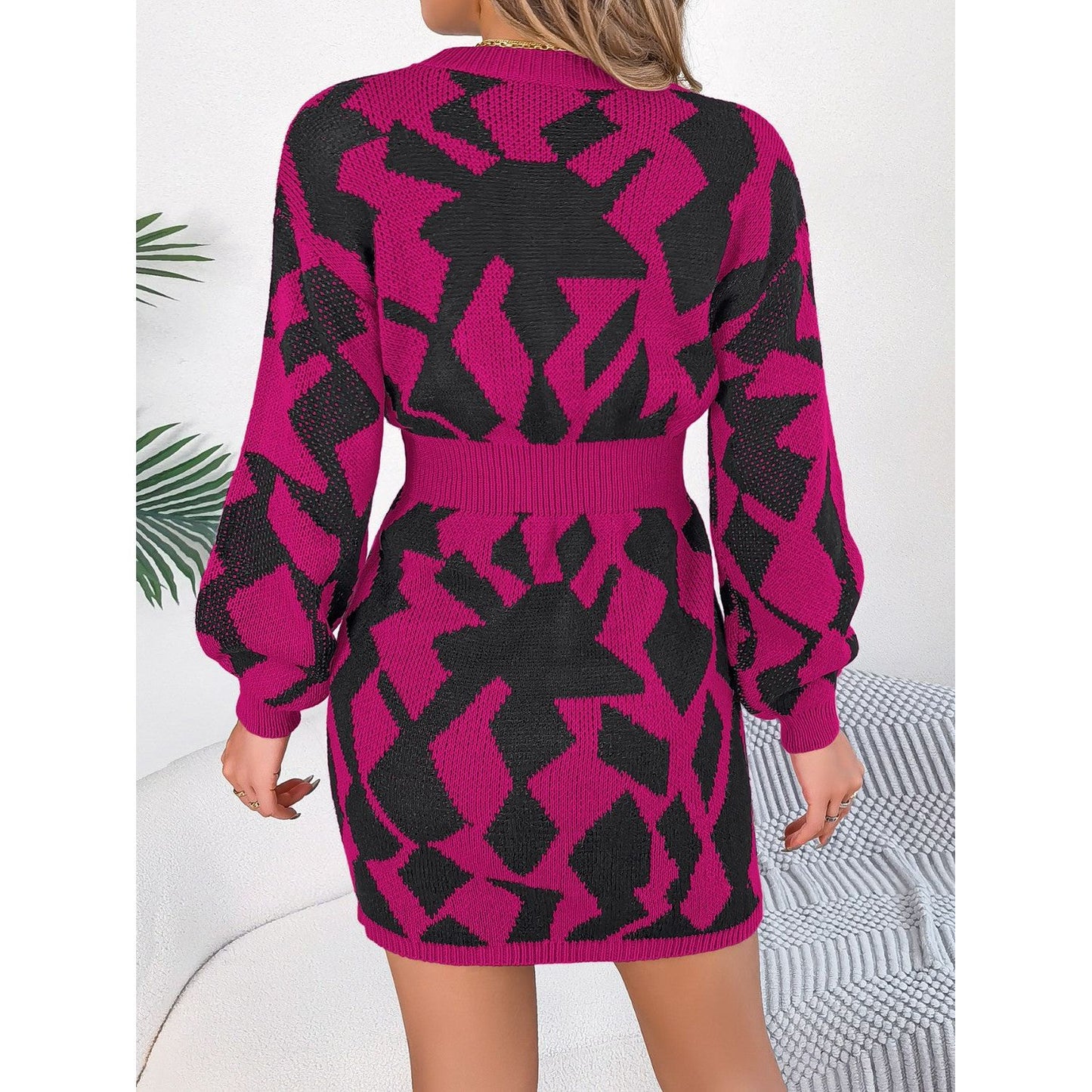 Contrast Round Neck Cutout Long Sleeve Mini Sweater Dress