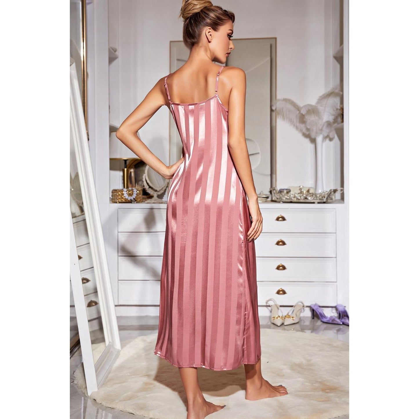 Striped Flounce Sleeve Open Front Robe and Cami Dress Set