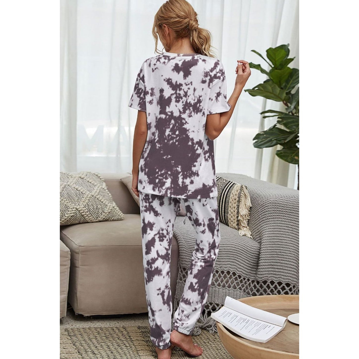 Shiny Tie-Dye Tee and Drawstring Waist Joggers Lounge Set